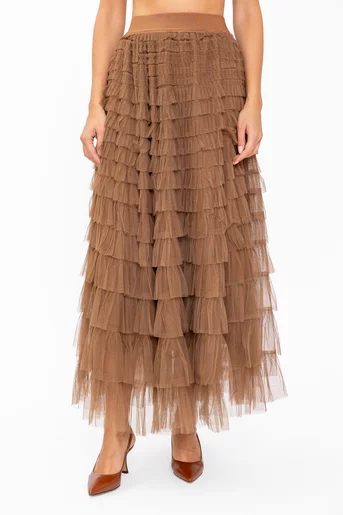 Fustă midi din tulle cu volane multiple camel FDP60802