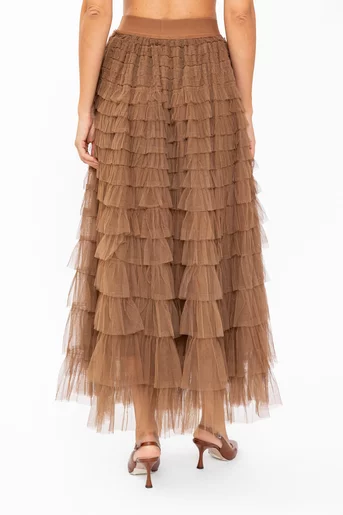 Fustă midi din tulle cu volane multiple camel FDP60802