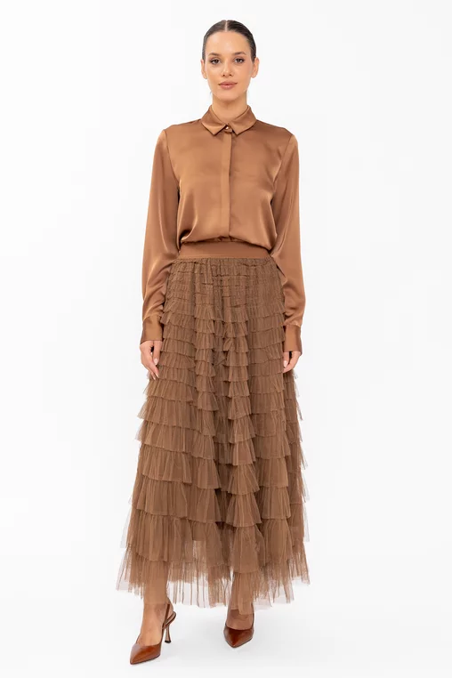 Fustă midi din tulle cu volane multiple camel FDP60802 thumbnail picture - 