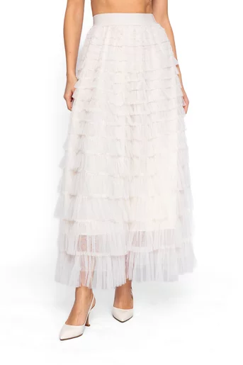 Fustă midi din tulle cu volane multiple crem FDP60201