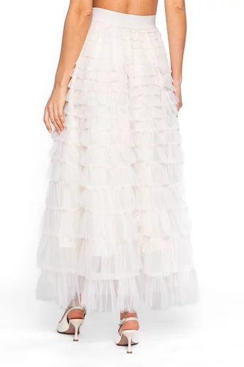 Fustă midi din tulle cu volane multiple crem FDP60201