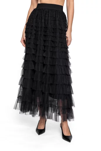 Fustă midi din tulle cu volane multiple neagră FDP60201