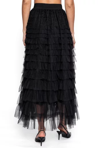 Fustă midi din tulle cu volane multiple neagră FDP60201
