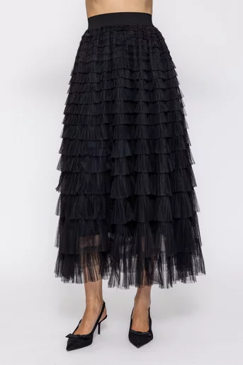 Fustă midi din tulle cu volane multiple neagră FDP60502