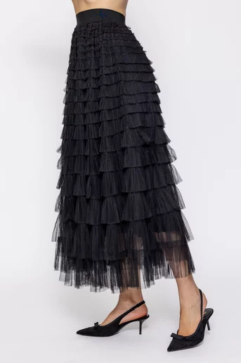 Fustă midi din tulle cu volane multiple neagră FDP60502