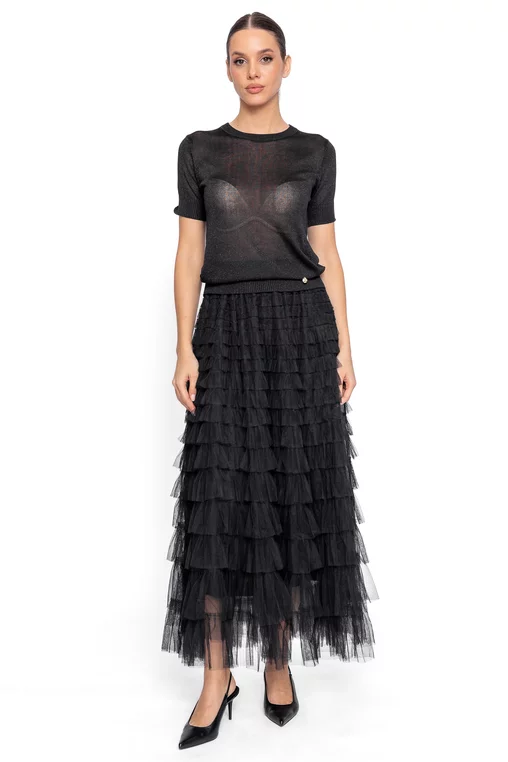 Fustă midi din tulle cu volane multiple neagră FDP60802 thumbnail picture - 