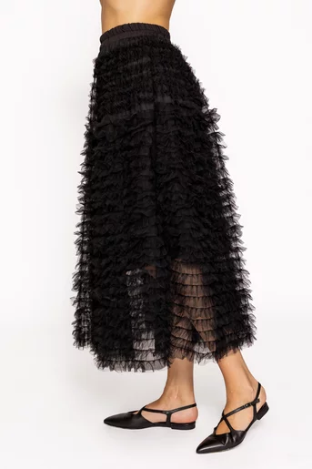 Fustă midi din tulle cu volane neagră FLM60802