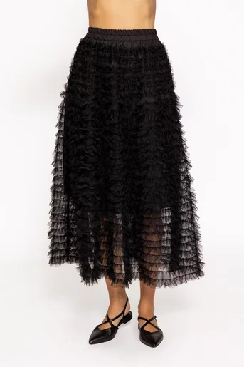 Fustă midi din tulle cu volane neagră FLM60802