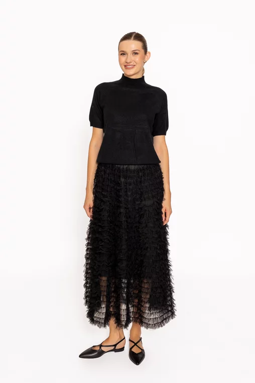 Fustă midi din tulle cu volane neagră FLM60802 thumbnail picture - 