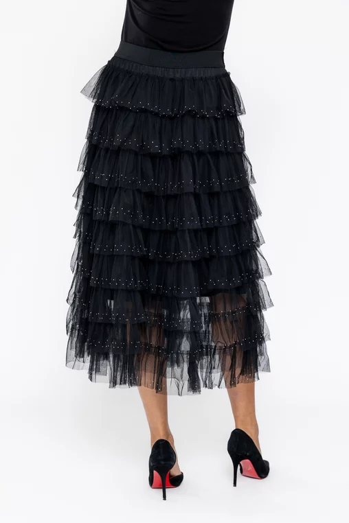 Fustă midi din tulle cu volane si strasuri neagră FLM60802 thumbnail picture - 