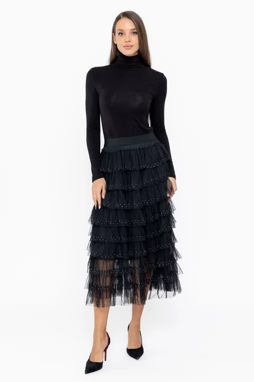 Fustă midi din tulle cu volane si strasuri neagră FLM60802 thumbnail picture - 