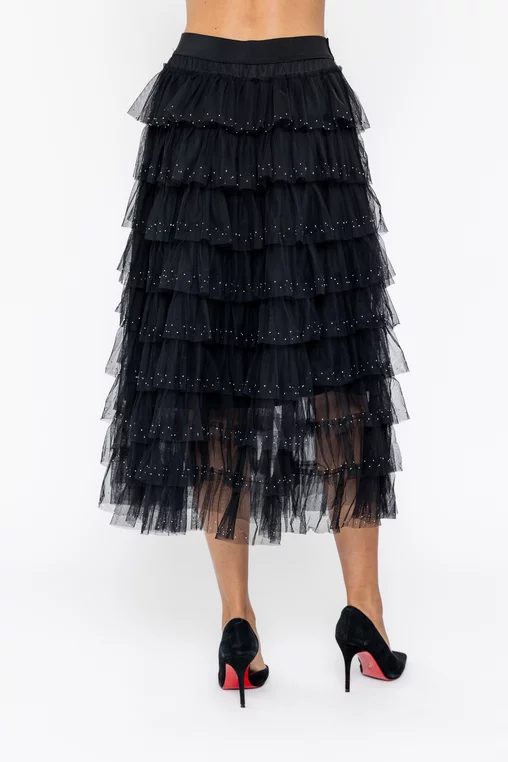 Fustă midi din tulle cu volane si strasuri neagră FLM60802 thumbnail picture - 