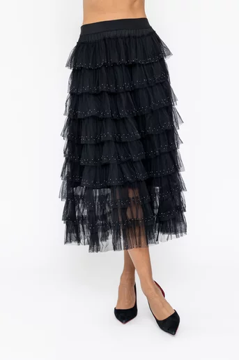 Fustă midi din tulle cu volane si strasuri neagră FLM60802