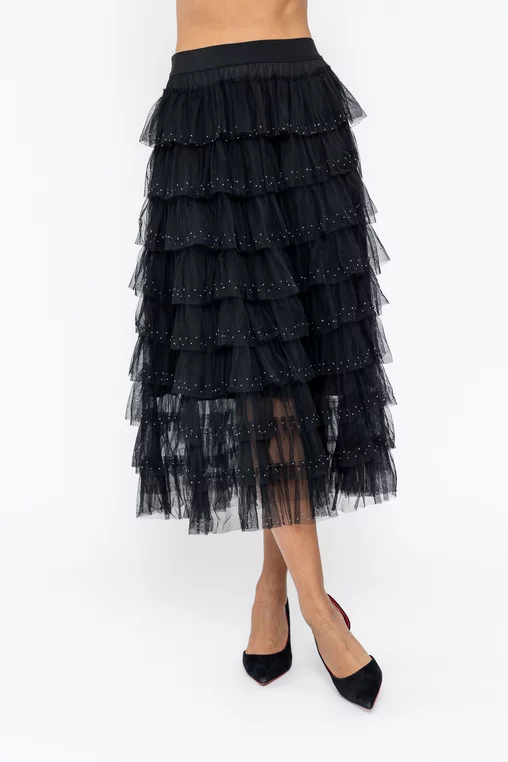 Fustă midi din tulle cu volane si strasuri neagră FLM60802 thumbnail picture - 