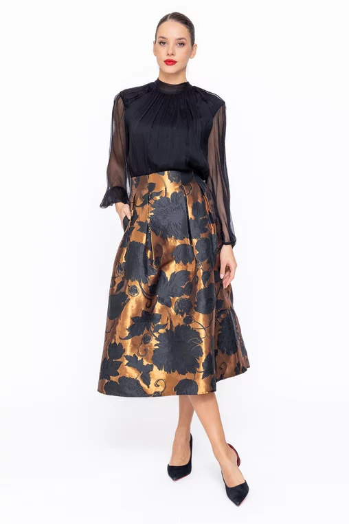 Fustă midi elegantă cu pliuri arămie F3513 thumbnail picture - 