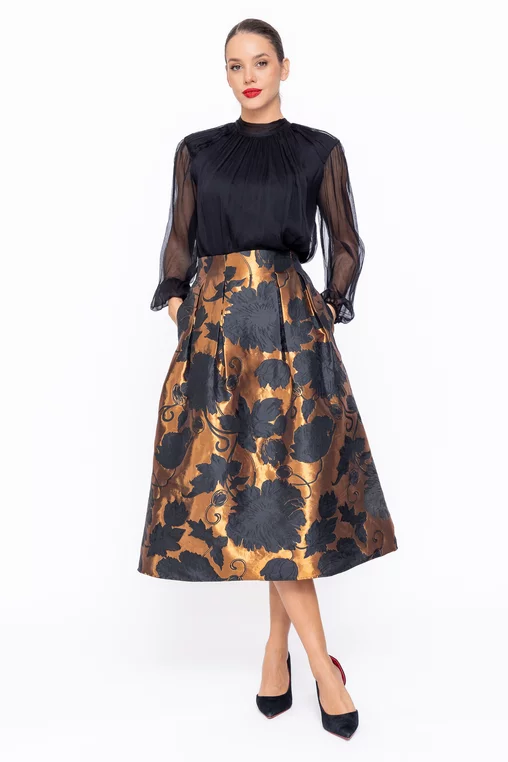 Fustă midi elegantă cu pliuri arămie F3513 thumbnail picture - 