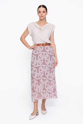 Fusta midi imprimată cu curea bej FDF60302