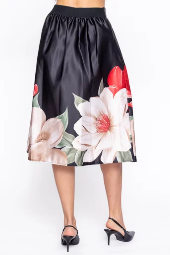 Fustă midi imprimeu floral neagră FVA60202