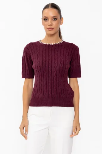 Bluză cu torsade și perle burgundy BDP60805