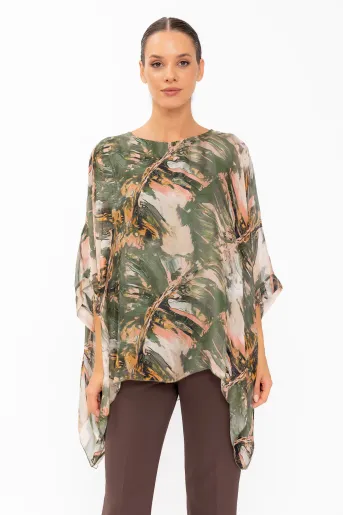 Bluză mătase imprimeu abstract verde BHF60801