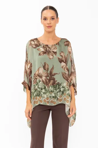 Bluză mătase verde imprimeu floral BHF60801