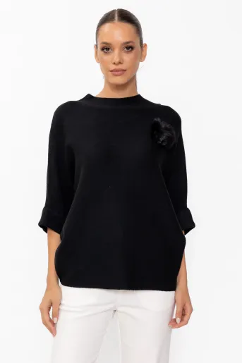 Bluză tricotată cu pompon neagră BLX60809