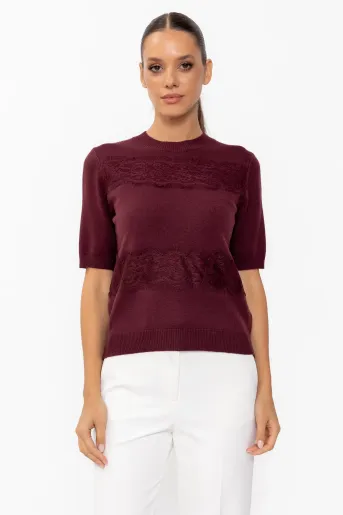 Bluză tricotată decorată cu dantelă burgundy BLX60806