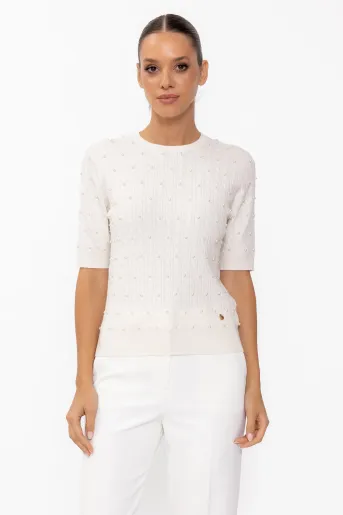 Bluză tricotată decorată cu perle ivory BLX60807