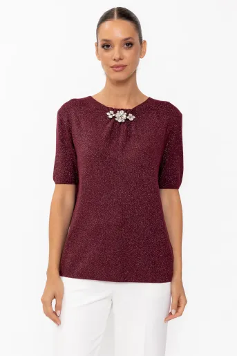 Bluză tricotată elegantă cu accesoriu burgundy BDM60902