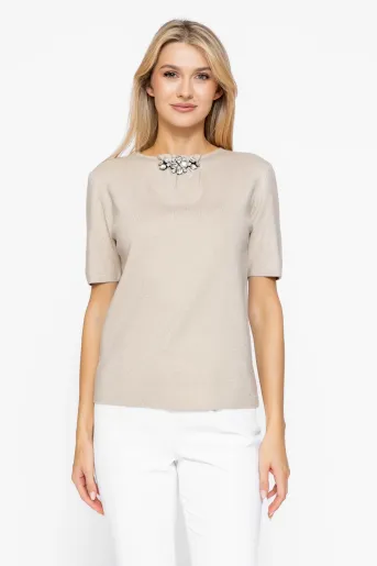 Bluză tricotată elegantă cu accesoriu ivory BDM60902