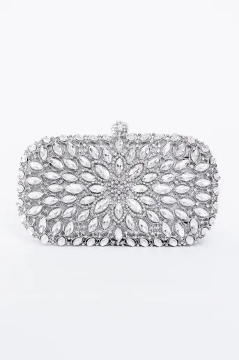 Clutch decorat cu pietre argintiu PAS0908