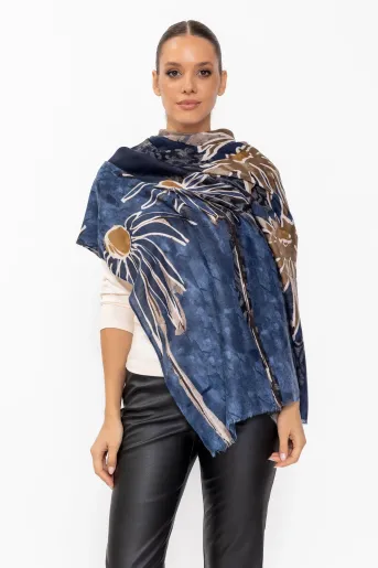 Eșarfă maxi cu imprimeu floral bleumarin EGK60804