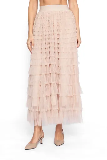 Fustă midi din tulle cu volane multiple bej FDP60802
