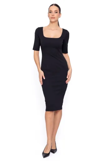 Rochie Caramel conică cudecolteu pătrat neagră R8607