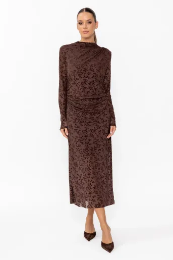 Rochie midi cu drapaje maro RKC60903