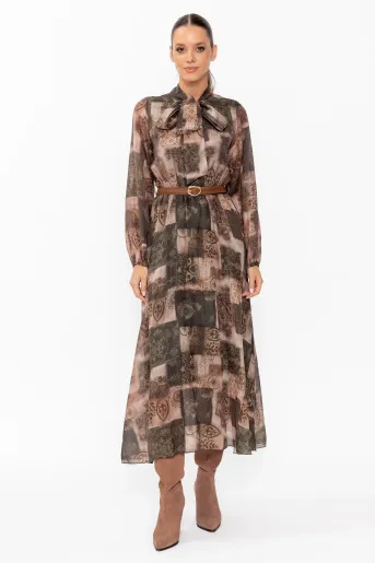Rochie midi cu eșarfă și  curea kaki RKC60905