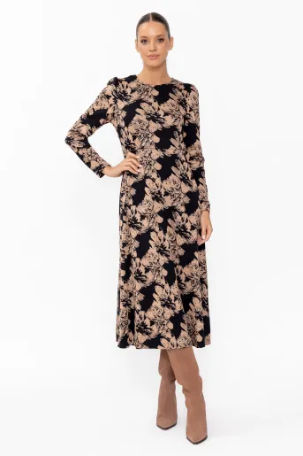 Rochie midi din jerse negru-bej RRS60820