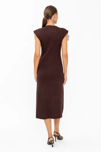 Rochie midi tricotată cu accesoriu floare maro RBD60805