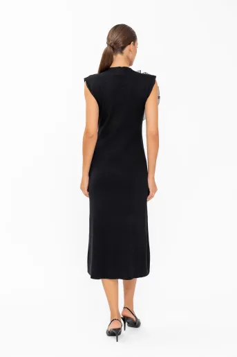 Rochie midi tricotată cu accesoriu floare neagră RBD60805