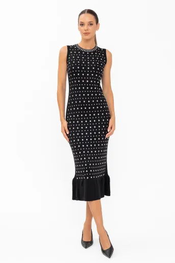 Rochie midi tricotată cu volan și ținte neagră RLM60801