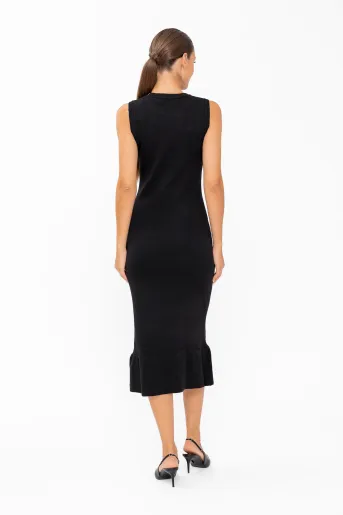 Rochie midi tricotată cu volan și ținte neagră RLM60801