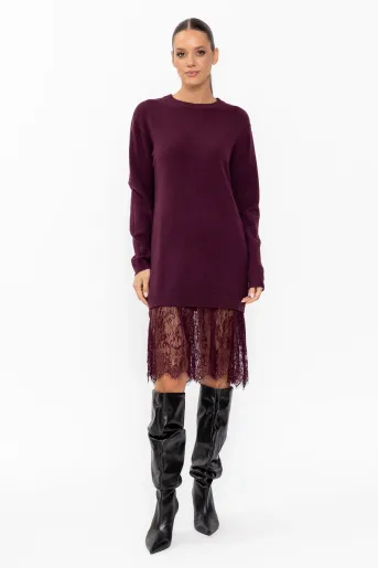 Rochie tricotată cu inserție dantelă burgundy RBR60901