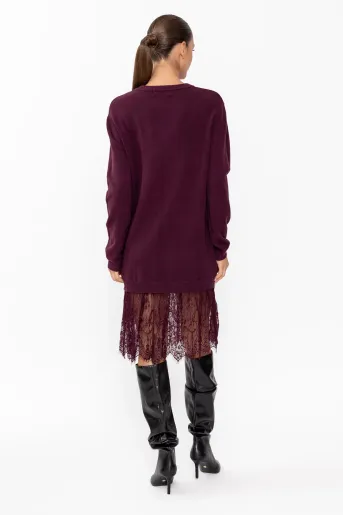 Rochie tricotată cu inserție dantelă burgundy RBR60901