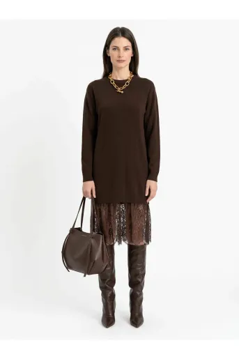 Rochie tricotată cu inserție dantelă maro RBR60901