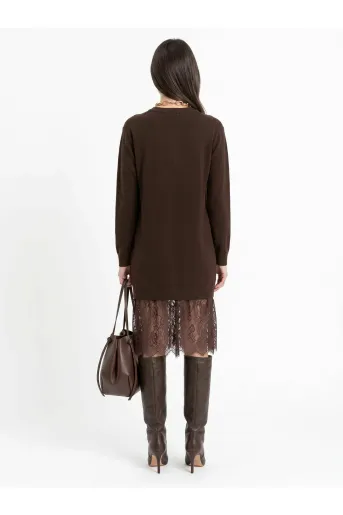 Rochie tricotată cu inserție dantelă maro RBR60901