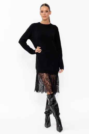 Rochie tricotată cu inserție dantelă neagră RBR60901