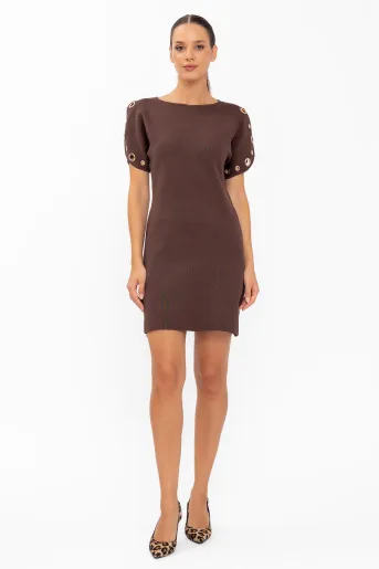 Rochie tricotată cu mâneci accesorizate maro RBD60801