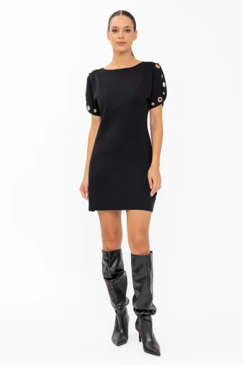 Rochie tricotată cu mâneci accesorizate neagră RBD60801