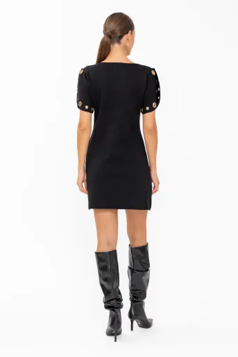 Rochie tricotată cu mâneci accesorizate neagră RBD60801
