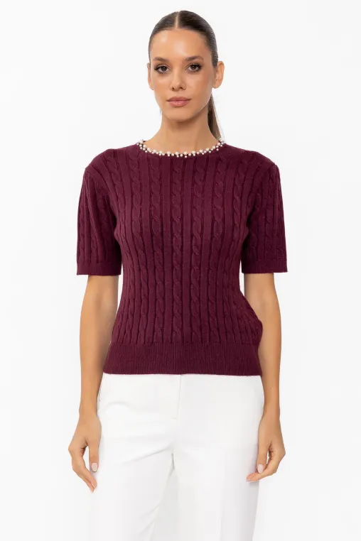 Bluză cu torsade și perle burgundy BDP60805 thumbnail picture - 